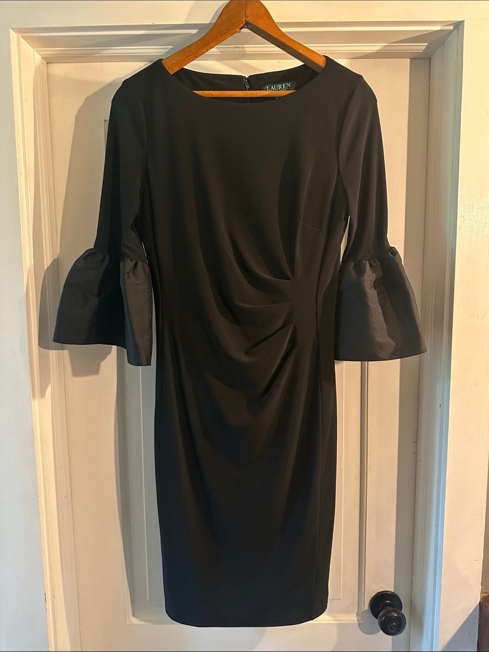 Lauren Ralph Lauren Black Konatta Satin Bell Sleeve Ruched Sheath Dress Size 6